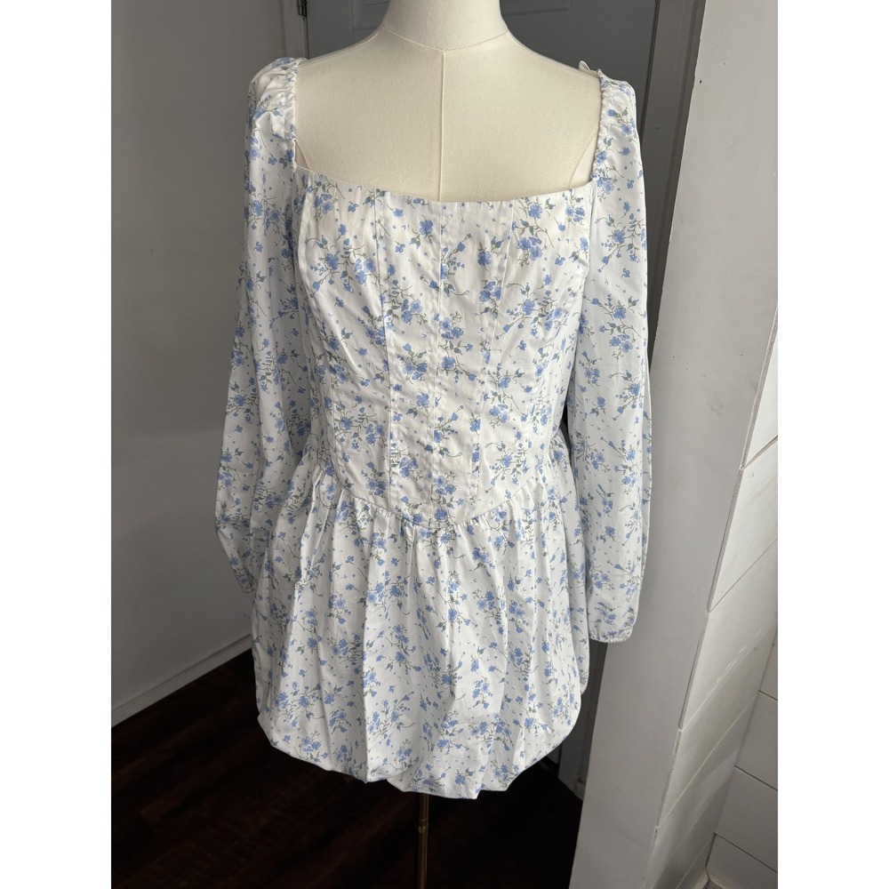 Free People Dress Womens XL White Blue Floral Smocked Square Neck Mini Boho